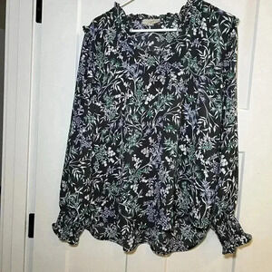 Loft Outlet Women’s Long Sleeve Floral Blue Grey Blouse Size Large
